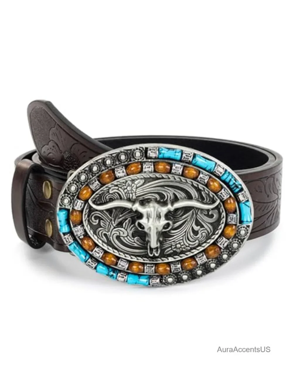 Women's Western Leather Belt with Turquoise Oval Buckle - Cowboy Cowgirl